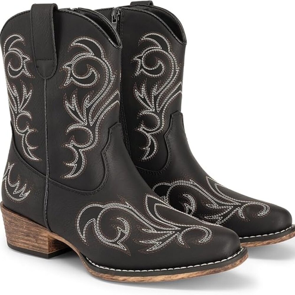 Women's Cowboy Cowgirl Western Boots Embroidered Stitched Ankle Boots Square Toe